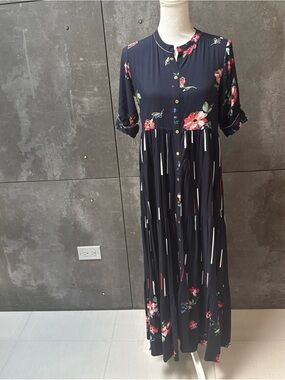 Women’s Boho Floral Maxi Dress Navy Blue Button Front 3/4 Sleeve Made in India